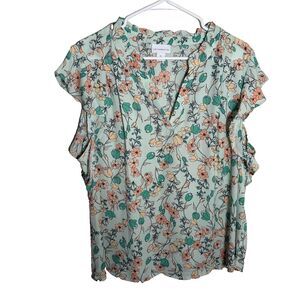 Liz Claiborne Blouse Women's XL Green Floral V-Neck Short Sleeve Ruffle Top